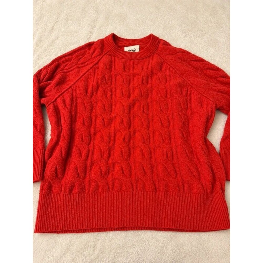 Aerie Large Red Oversized Cable Knit Crewneck Sweater Cozy Holiday 425